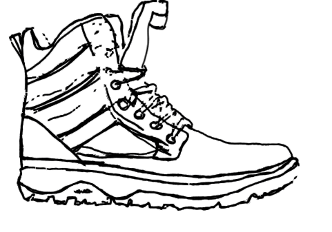 Black line drawing of a mid-ankle trail shoe.
